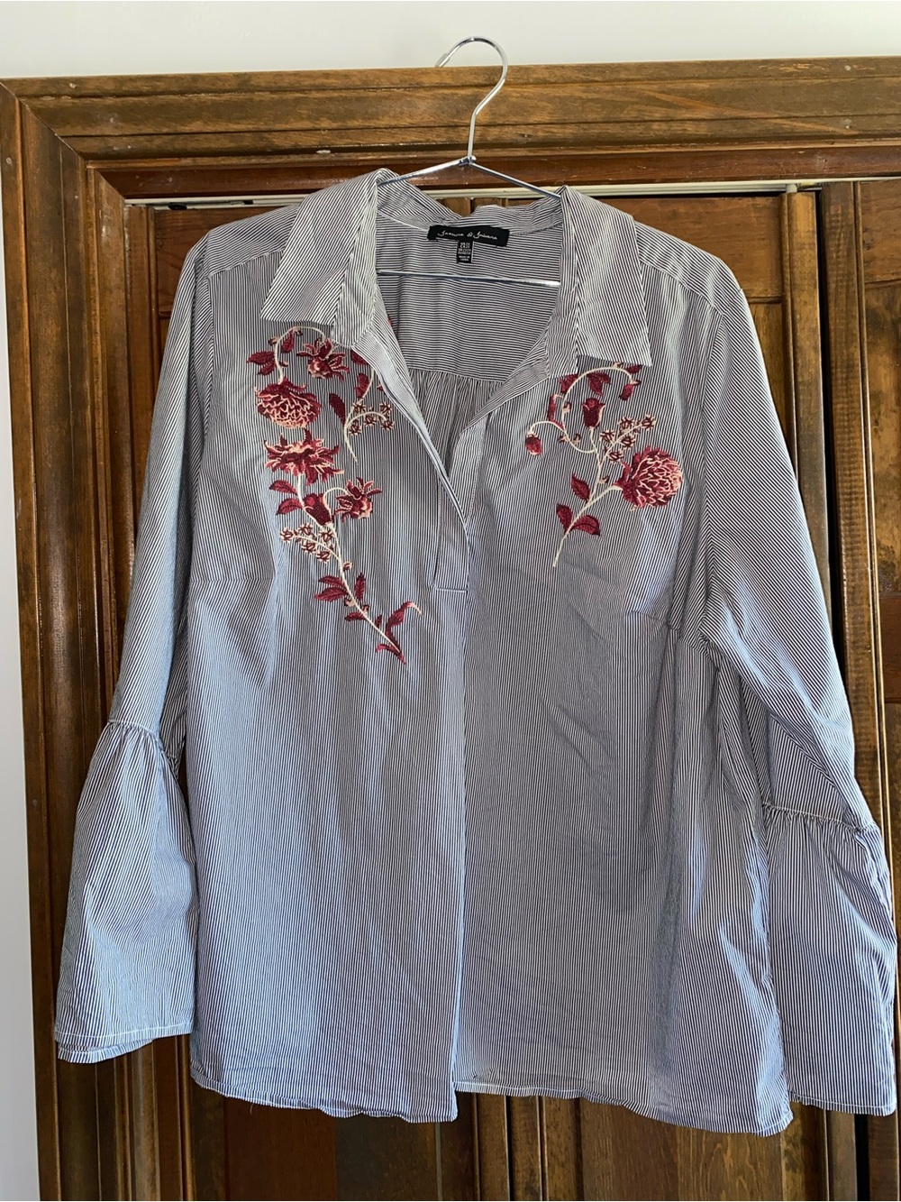 Black & White Striped Embroidered V-Neck Blouse - Red Floral Detail, Size 2X
